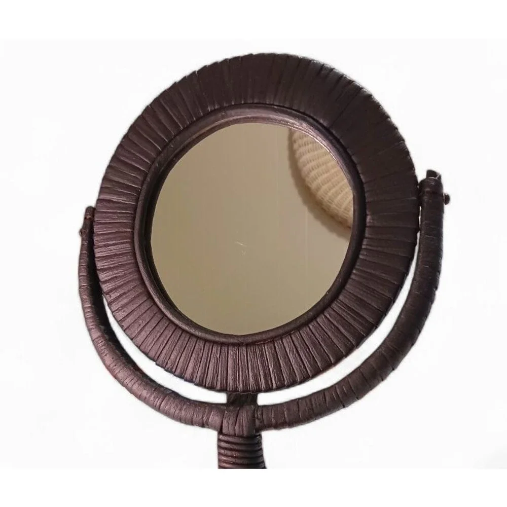 Vintage MCM Brown Wicker Rattan & Wood Round Vanity Mirror Table Top Rustic Boho
